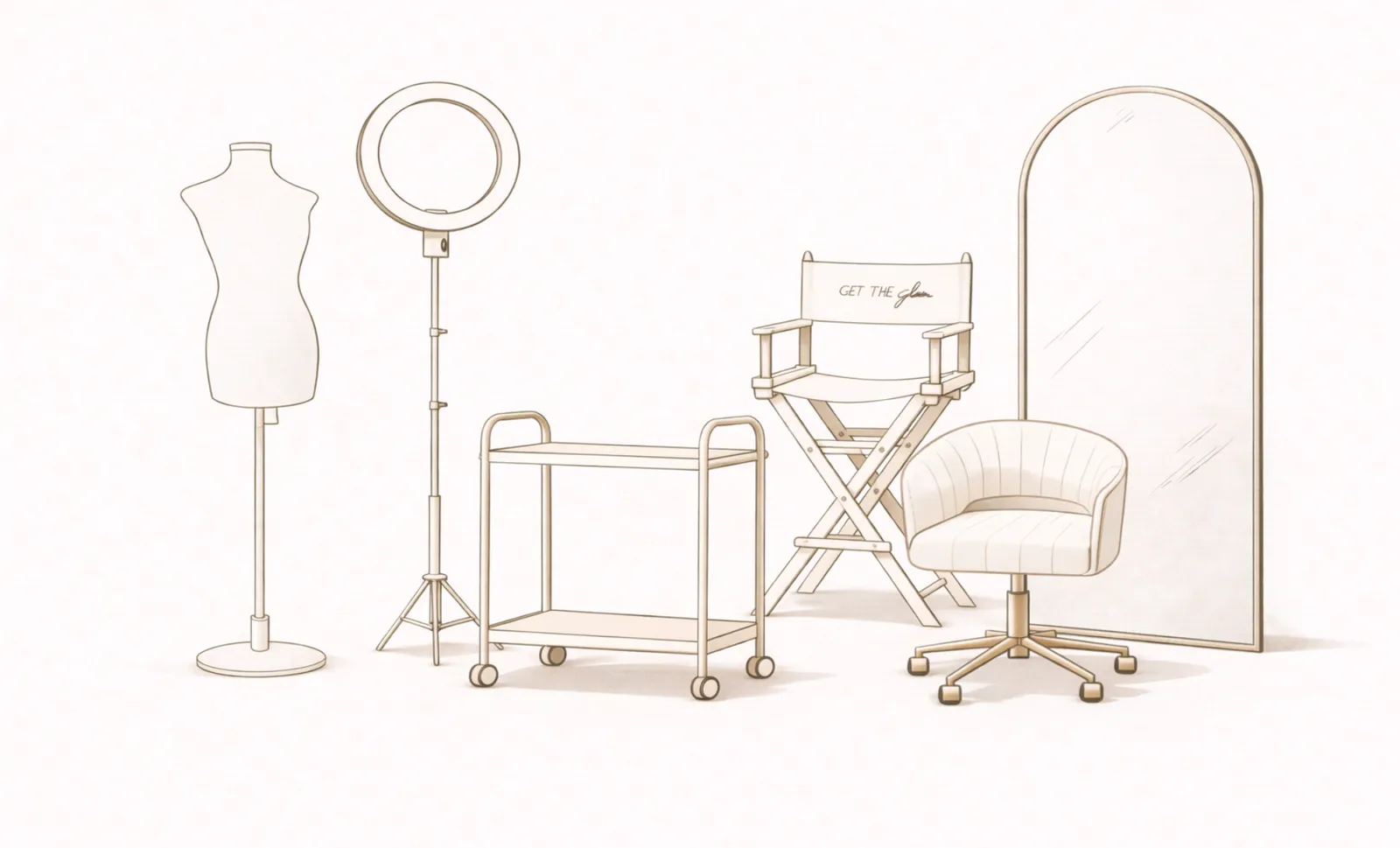 Ilustración del set Essential Glow: Espejo de piso, Carrito, Silla de estilista, Silla para novia, Ring light, Maniquí para vestido