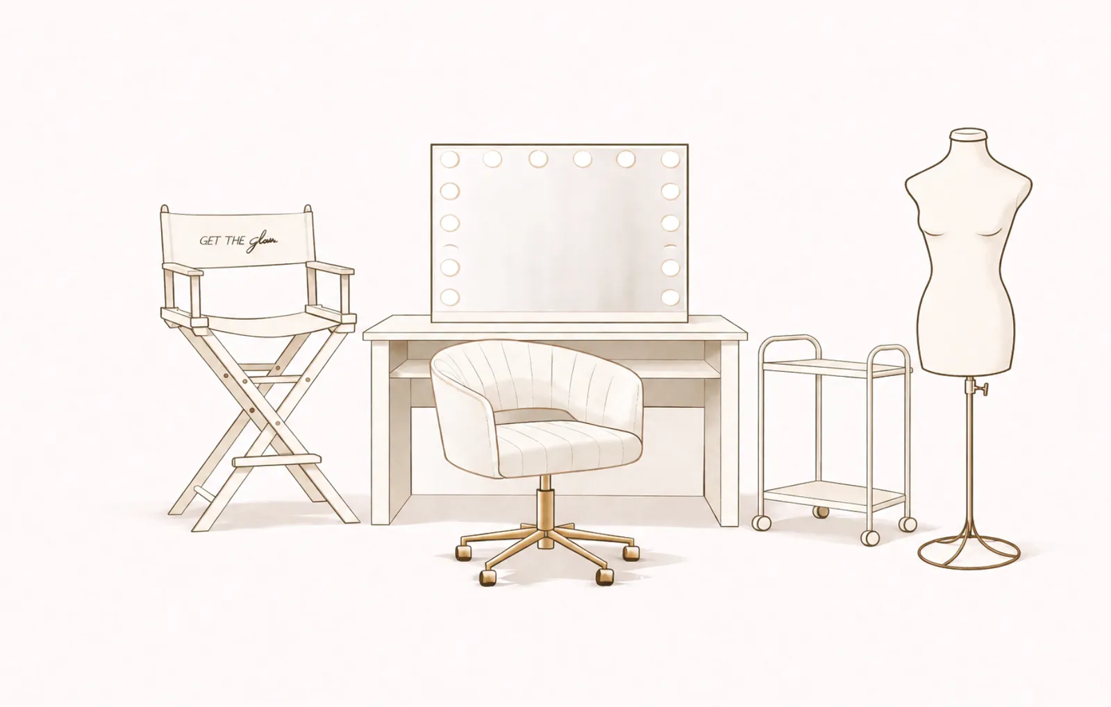 Ilustración del set Iconic Glow: Espejo Hollywood luz LED, Mesa para espejo, Carrito, Maniquí para vestido de novia, Silla de estilista, Silla para novia